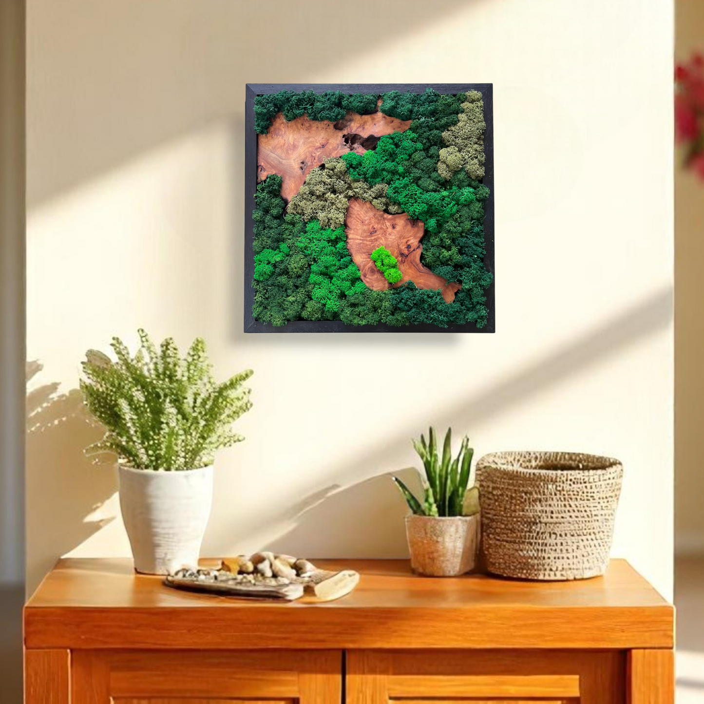 Serenzy Square Moss & Cedar Wall Art with Diagonal Wood Pair hanging in a modern living room above a cabinet with plants