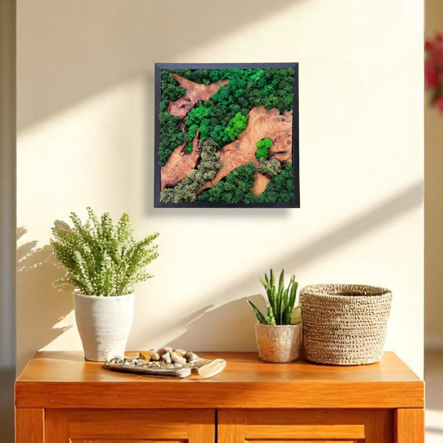 Serenzy Square Moss & Cedar Wall Art with Natural Scattered Wood hanging in a modern living room above a cabinet with plants