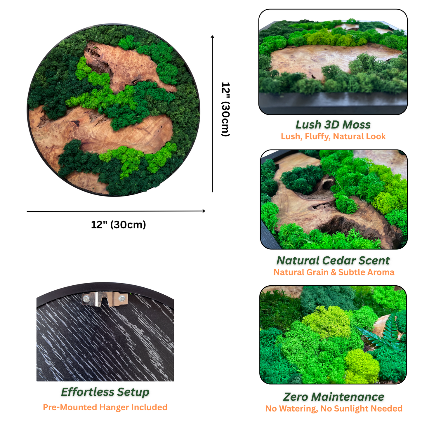 Dimensions and key features of Serenzy Round Moss & Cedar Wall Art: zero maintenance, natural cedar scent, lush 3D moss, preinstalled hanger