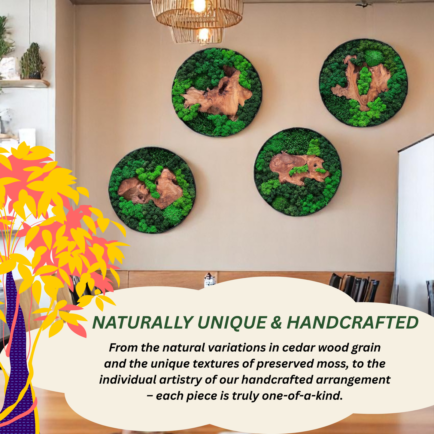 Four unique, handcrafted Serenzy Round Moss & Cedar Wall Art pieces displayed together, highlighting their individual natural designs