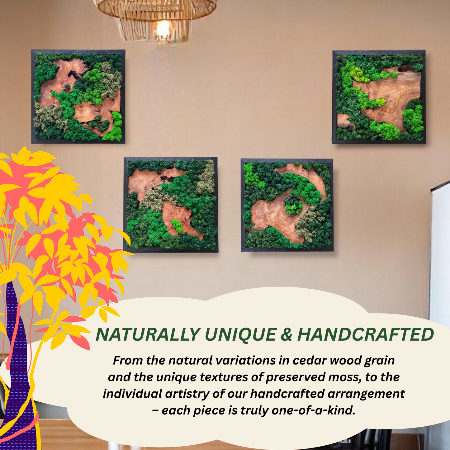 Four unique, handcrafted Serenzy Square Moss & Cedar Wall Art pieces displayed together, highlighting their individual natural designs