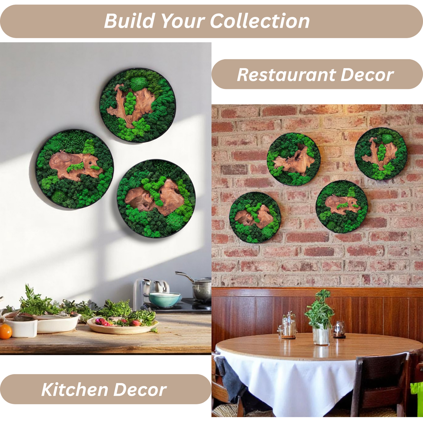 Serenzy Round Moss & Cedar Wall Art with dominant natural wood enhancing a stylish restaurant or kitchen interior