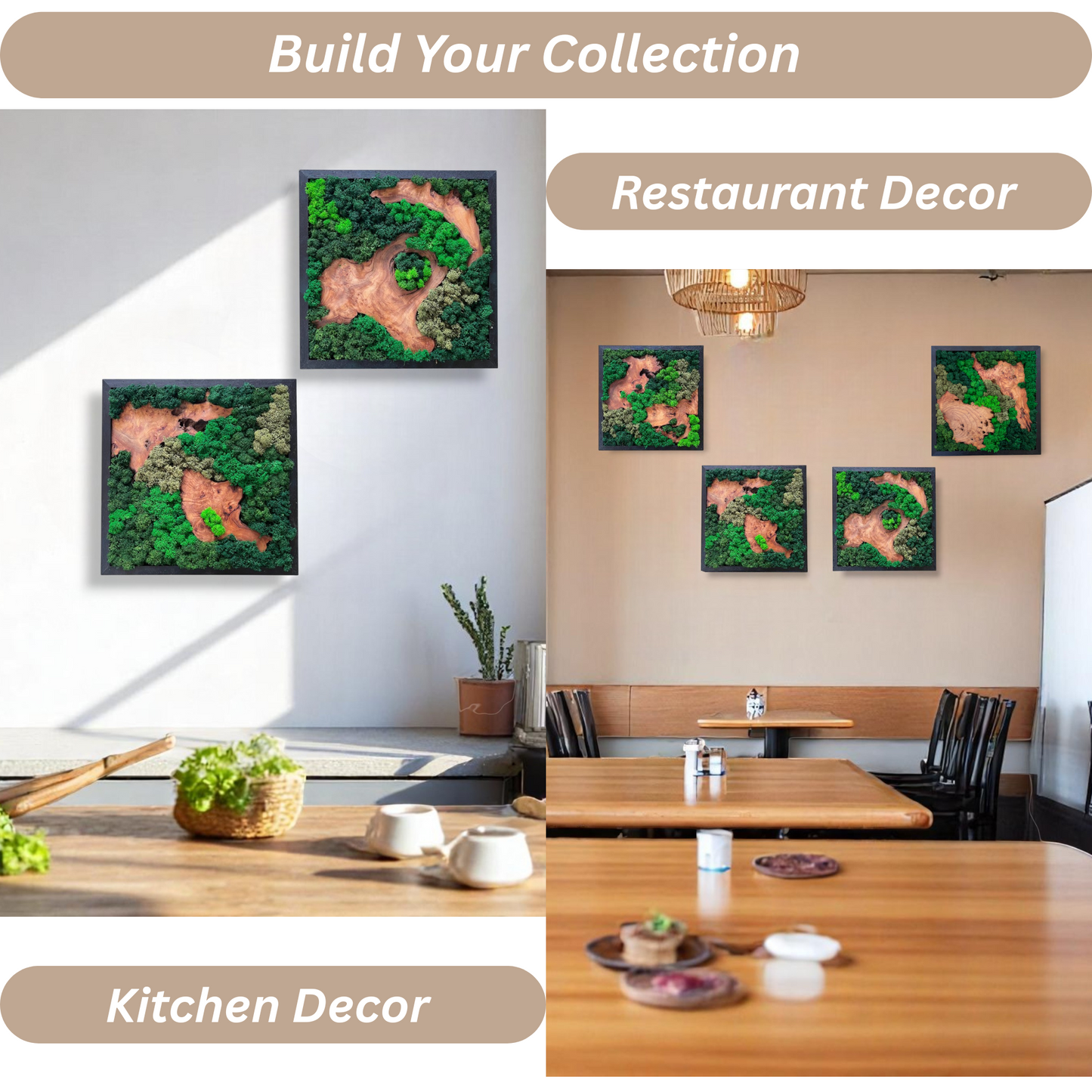 Serenzy Square Moss & Cedar Wall Art with Diagonal Wood Pair enhancing a stylish restaurant or kitchen interior