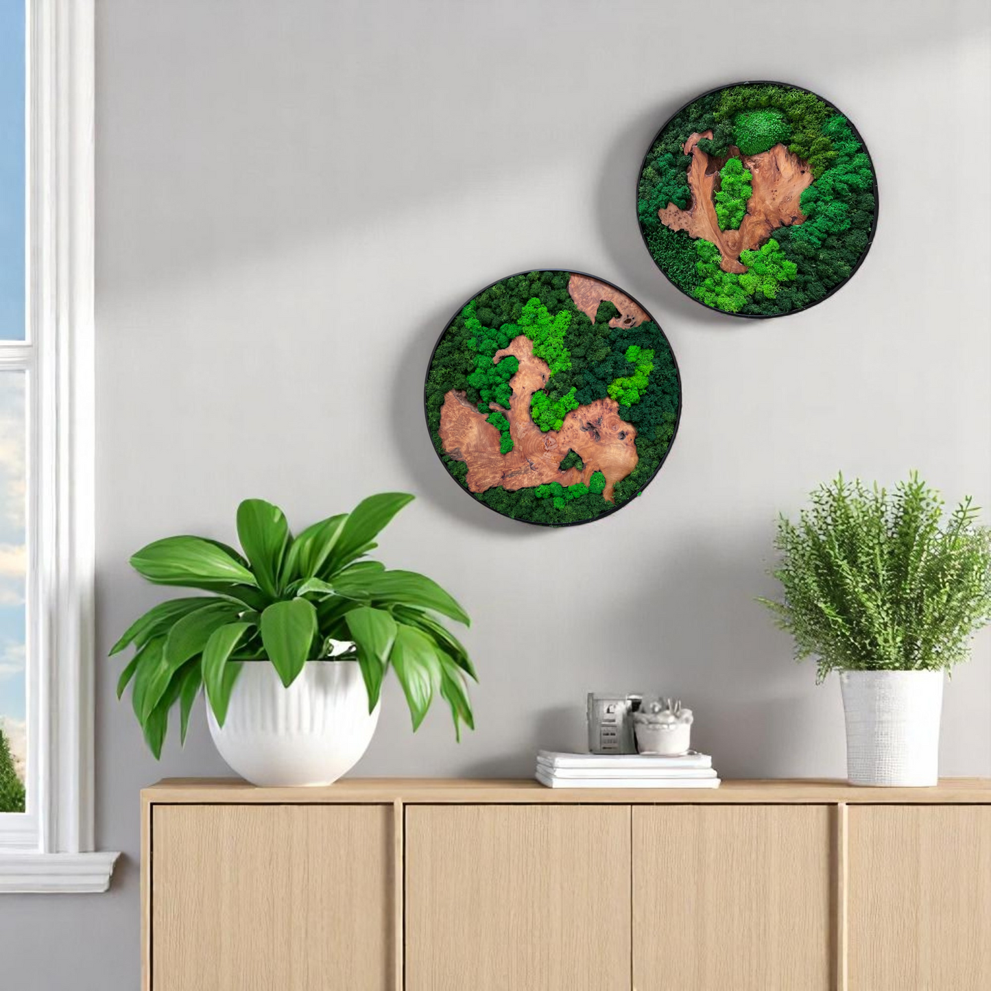 Two Serenzy Round Moss & Cedar Wall Art pieces arranged on a wall above a cabinet with lush plant decor