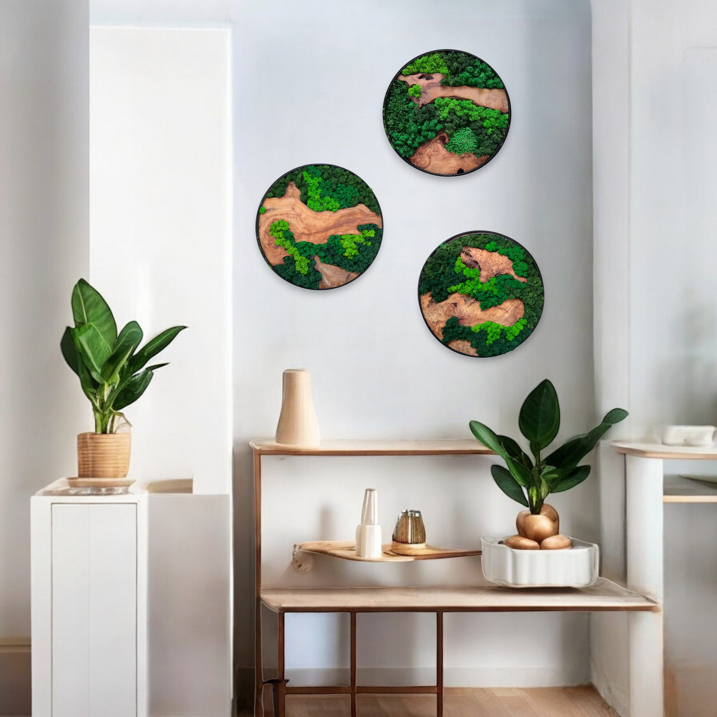 Three Serenzy Round Moss & Cedar Wall Art pieces creating a gallery wall above a console table with modern home decor