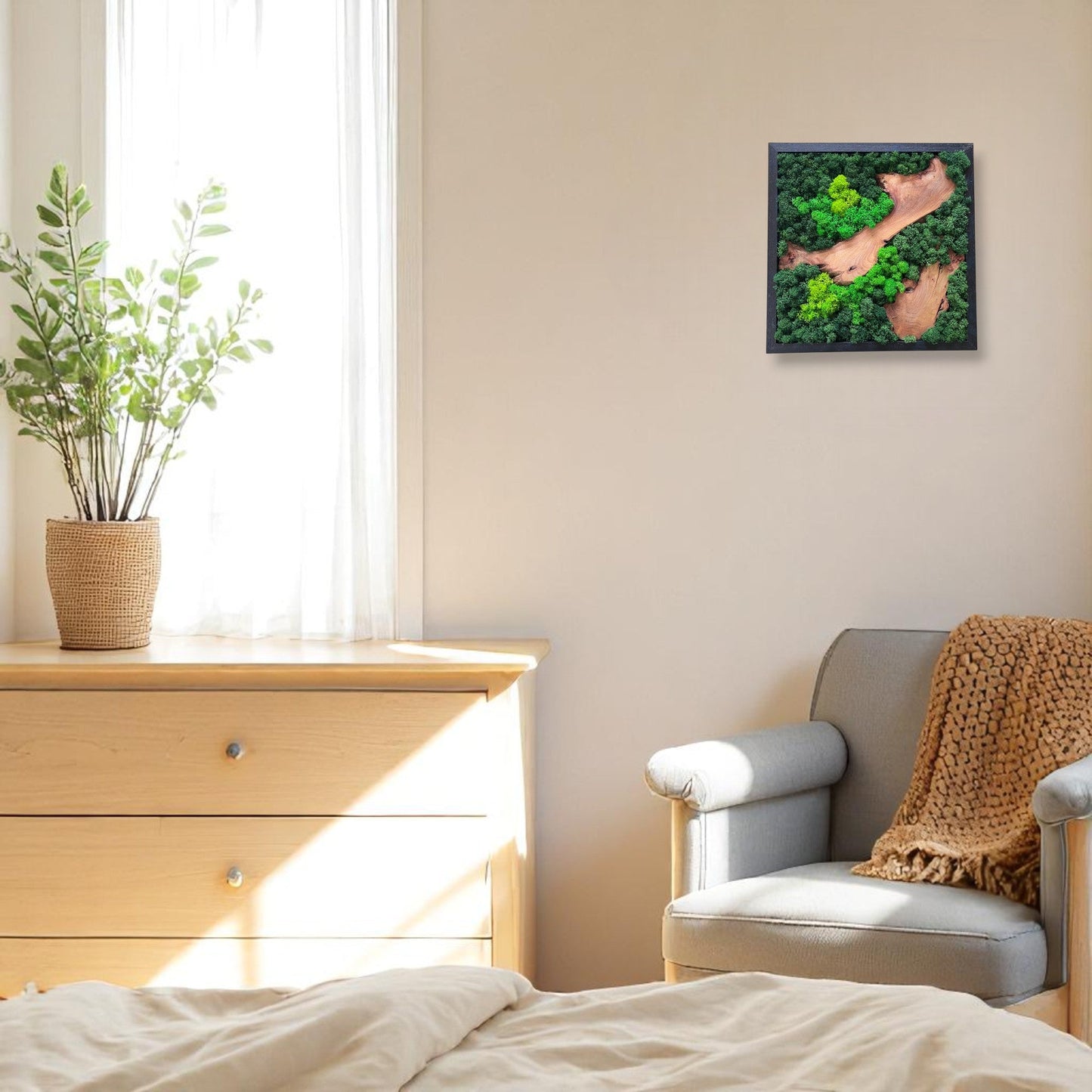 Single Serenzy Square Moss & Cedar Wall Art with Angled Wood Design hanging on a bedroom wall above a couch