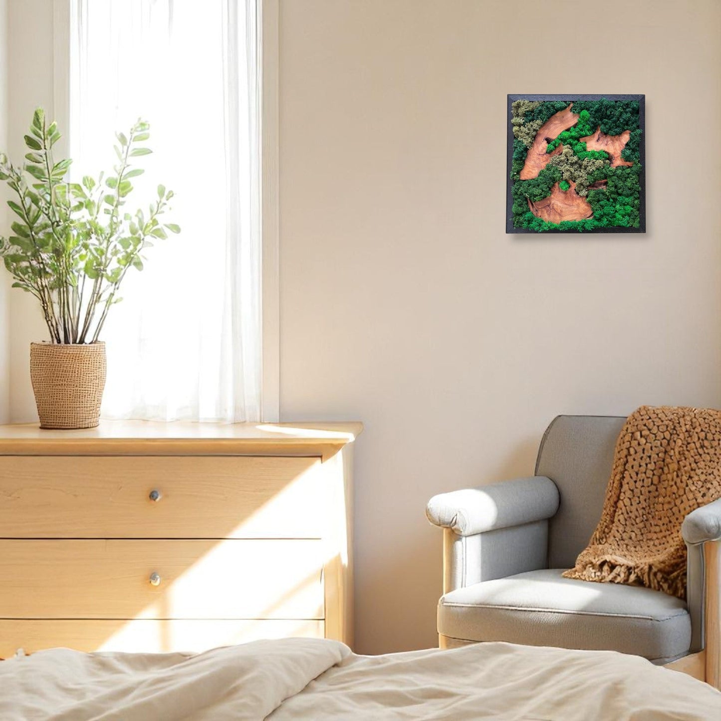 Single Serenzy Square Moss & Cedar Wall Art with Natural Scattered Wood hanging on a bedroom wall above a couch
