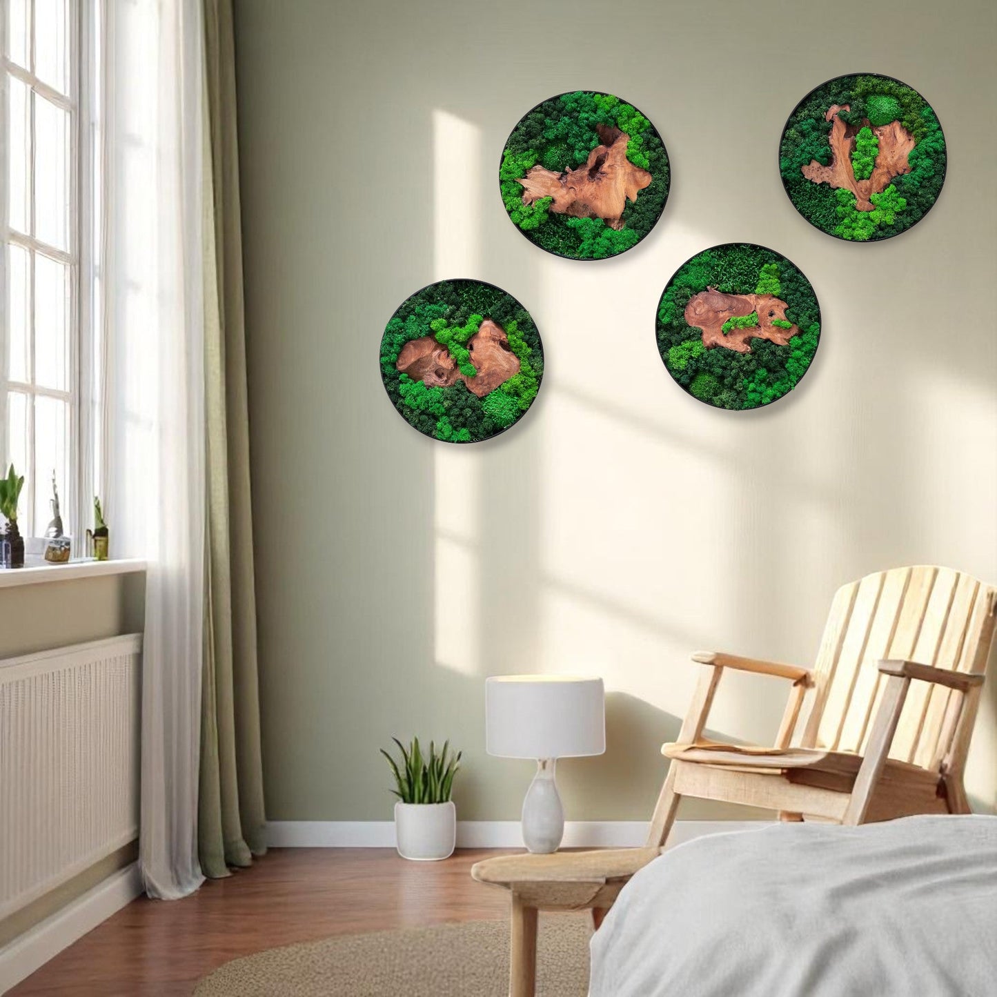 Four Serenzy Round Moss & Cedar Wall Art pieces displayed on a bedroom wall above a comfortable sofa
