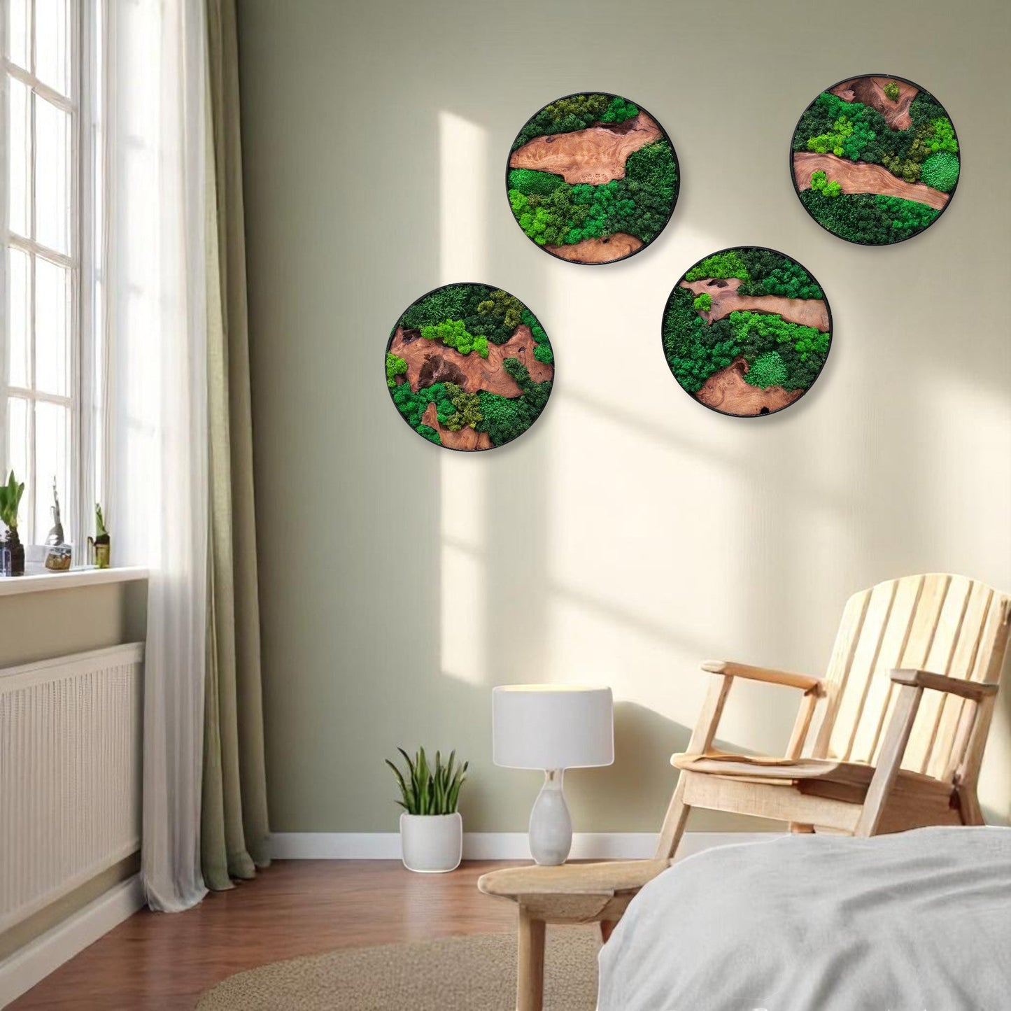 Four Serenzy Round Moss & Cedar Wall Art pieces displayed on a bedroom wall above a comfortable sofa