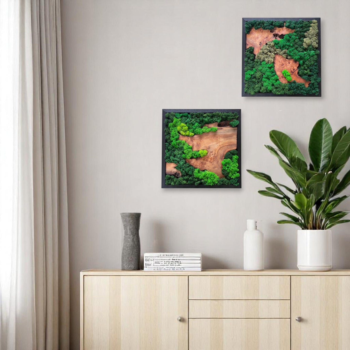 Two Serenzy Square Moss & Cedar Wall Art pieces displayed on a living room wall above a cabinet