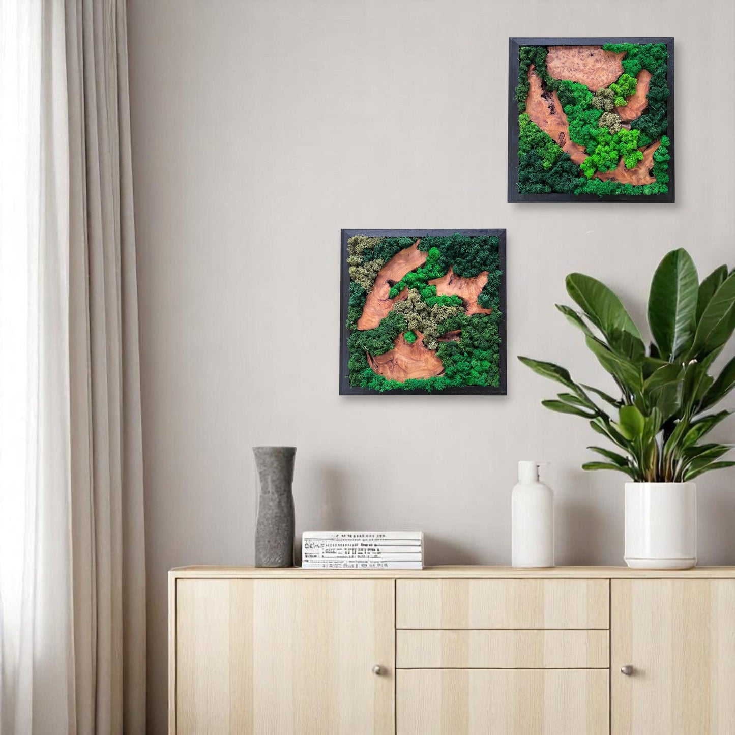 Two Serenzy Square Moss & Cedar Wall Art pieces displayed on a living room wall above a cabinet