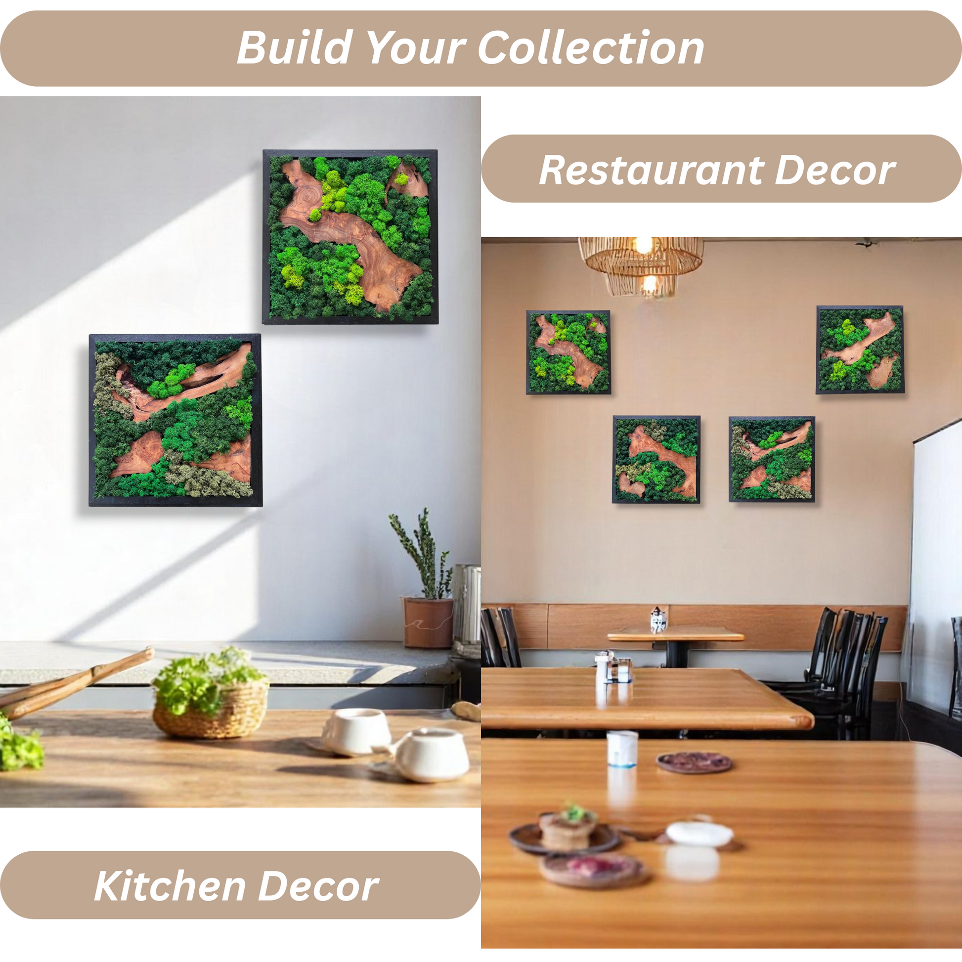 Serenzy Square Moss & Cedar Wall Art with Angled Wood Design enhancing a stylish restaurant or kitchen interior