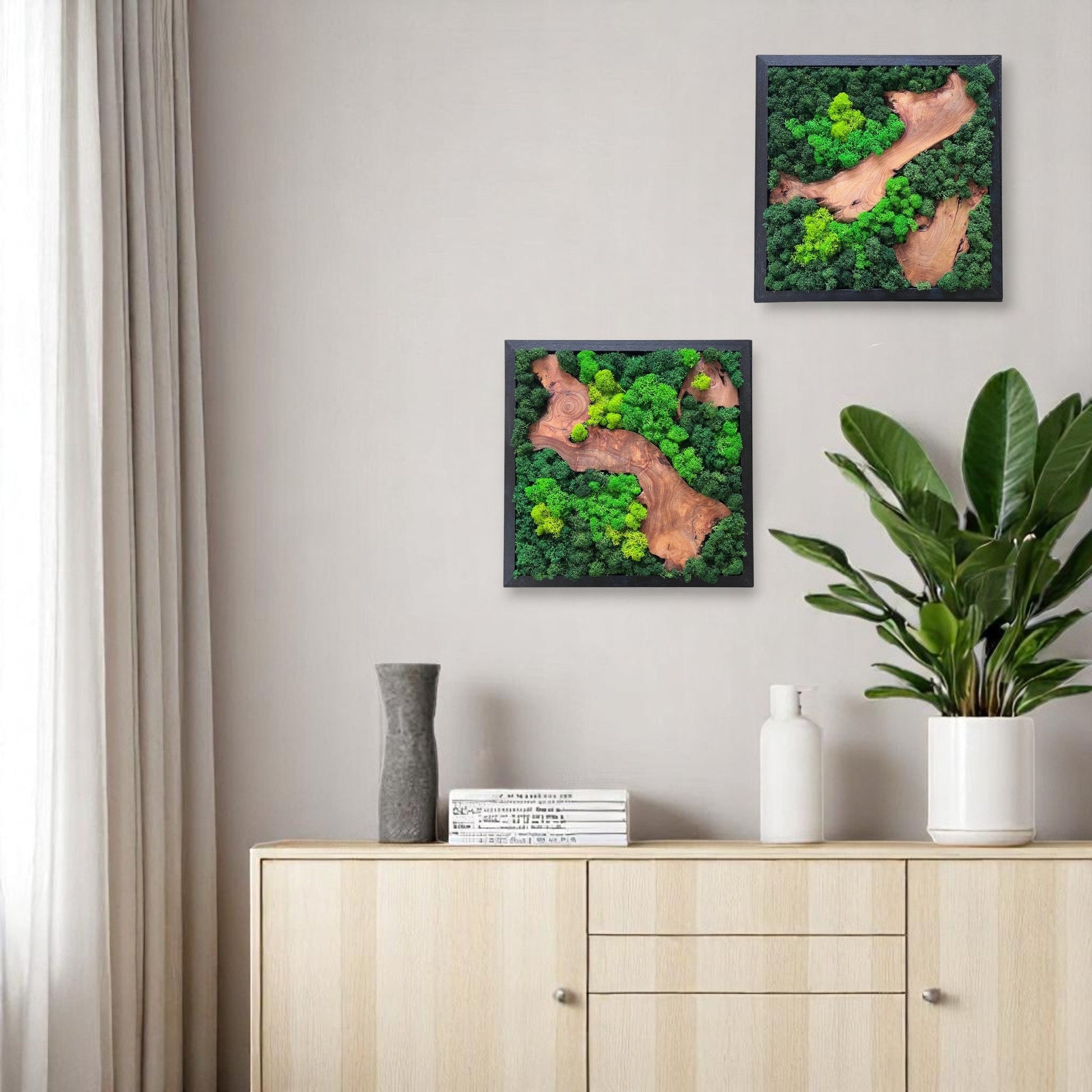 Two Serenzy Square Moss & Cedar Wall Art pieces displayed on a living room wall above a cabinet